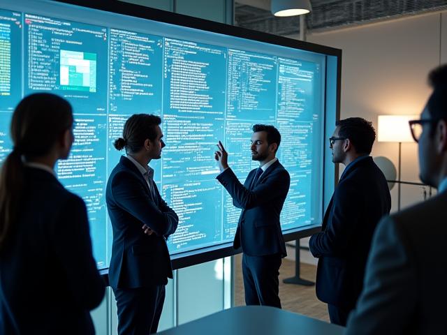 Professionnels de la technologie travaillant ensemble sur un projet numérique dans un bureau moderne.